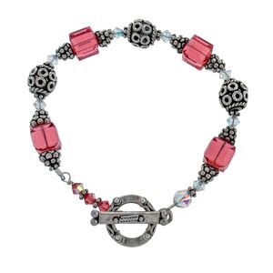 Vintage Sterling Silver 925 Pink Crystal Beaded Toggle Bracelet 7"